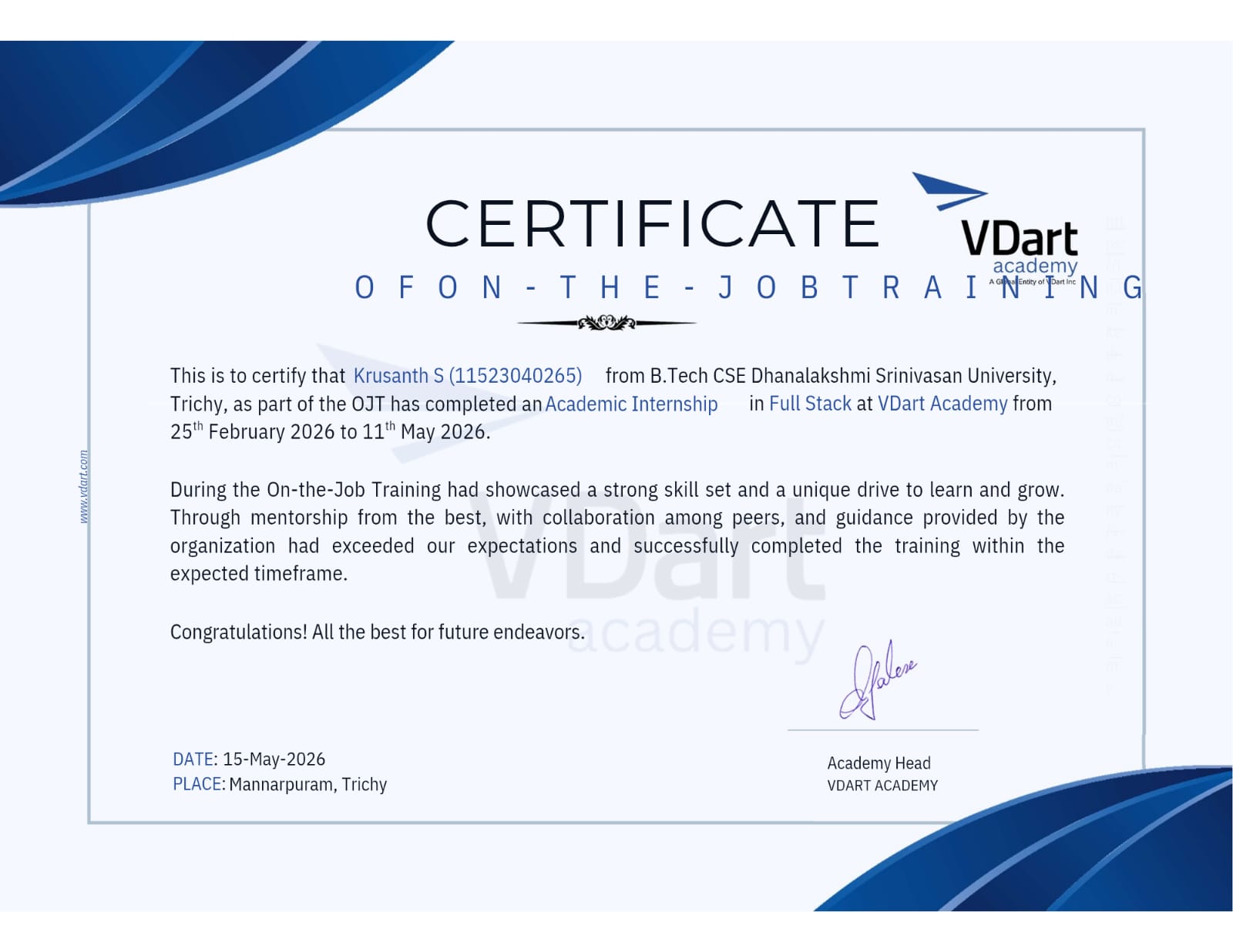VDart Academy Full Stack Internship Certificate